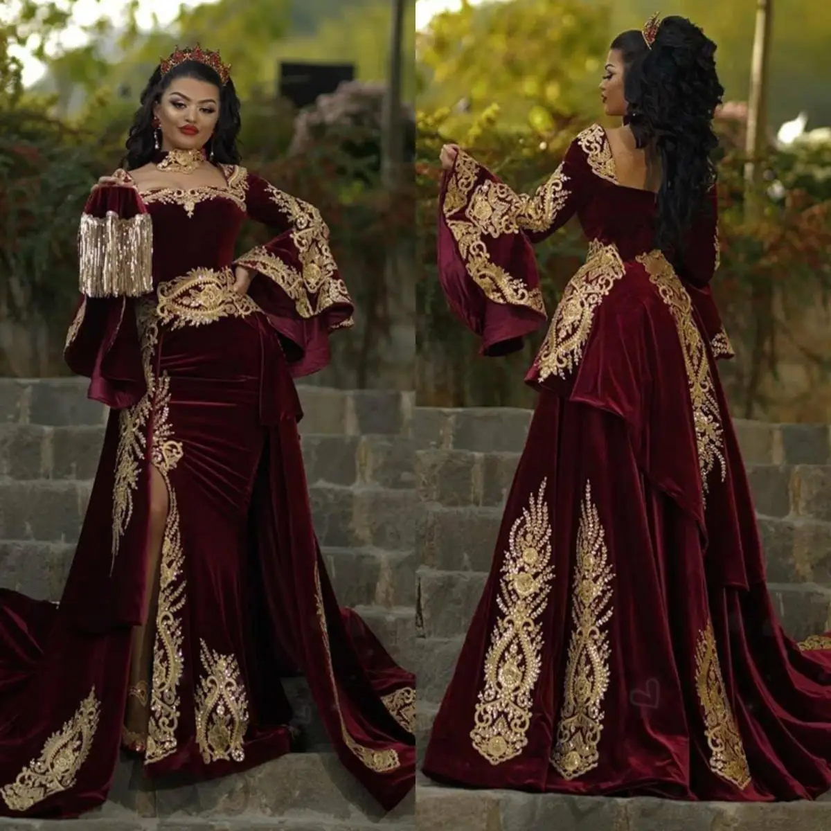 14627#Moroccan Caftan Velvet Arabic Evening Dress with Detachable Train Mermaid Prom Appliques Gold Lace Long Sleeve Party Gowns