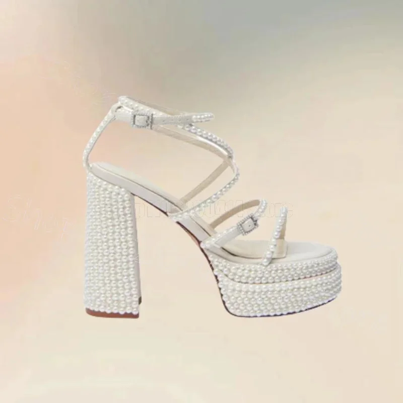 

White Pearl Buckle Design Platform Sandals Buckle Strap Women Shoes Chunky High Heels Open Toe Banquet 2025 Zapatos Para Mujere