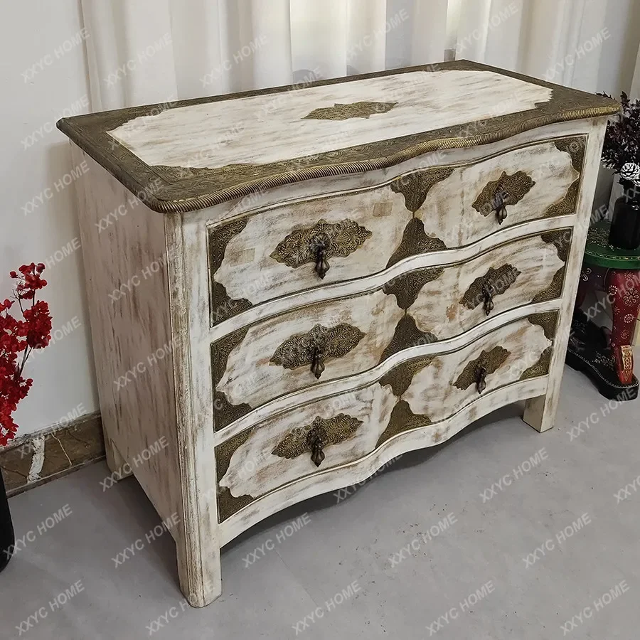 

YSolid wood, dining side, porch, decoration, retro old drawers, three-bucket cabinet