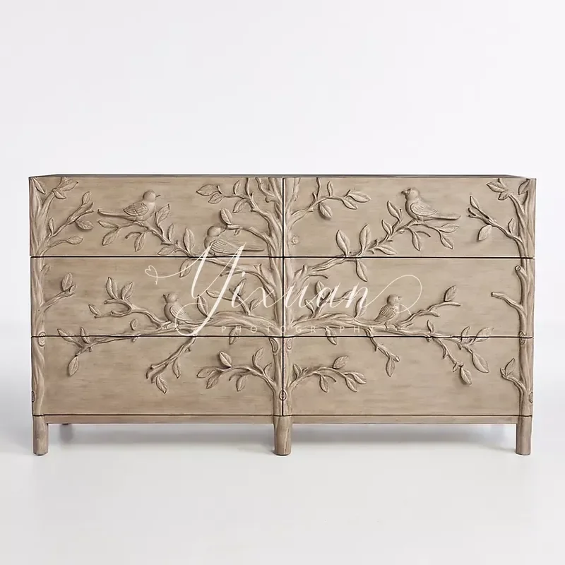 Retro Carved Plants and Animals Cream Six Drawer Chest Cabinet Simple Furniture Customization