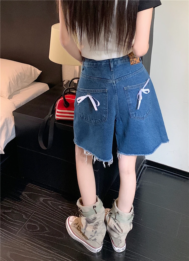 Benuynffy Korean Fashion Bows Raw Hem Denim Shorts Women's Summer High Waist Loose Casual Wide Leg Half Pants Vintage Bottoms