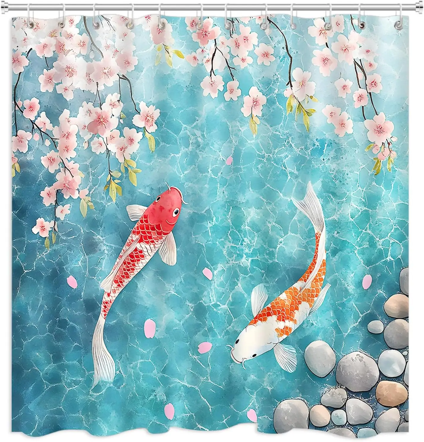 

view Garden Shower Curtain Koi Fish Cherry Blossom Pond Shower Curtain Japanese Garden Art Blue Water Stone Design
