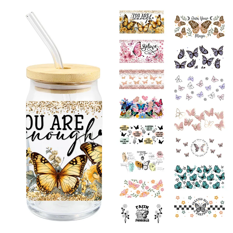 Butterfly Uv Dtf Transfer Sticker 16Oz Glass Cups  Diy Waterproof High Temperature Resistance You Are Enough Believe Easy To Use