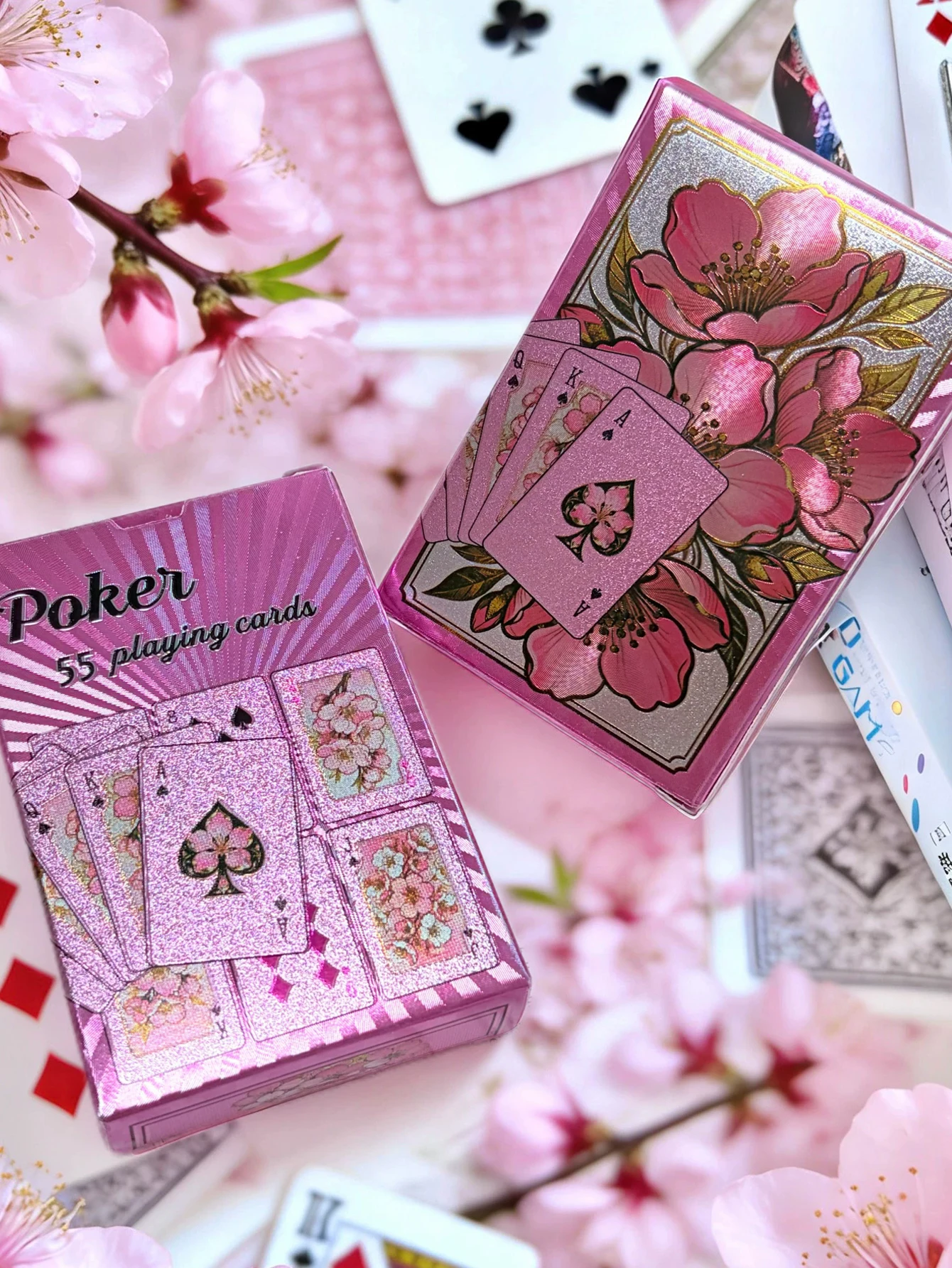 55 Pcs/Box Playing Cards Pink with PVC Creative Peach Blossom Design Waterproof Durable Board Game Cards Stylish Glossy
