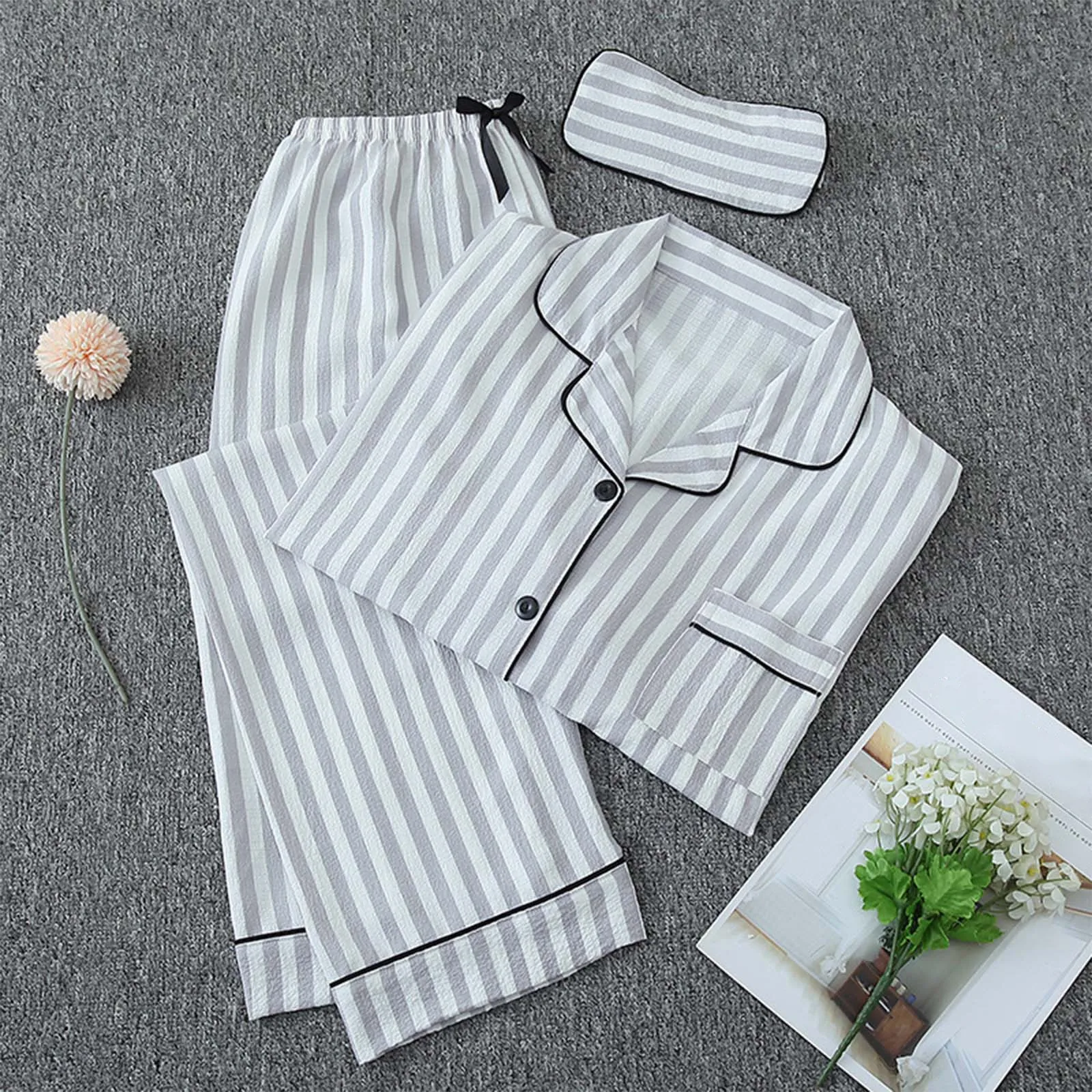 Women'S Pajama Set Long Sleeve Button Pajamas Two Piece Set Striped Sleepwear Casual Set With Eye Sexy Nightwear Women