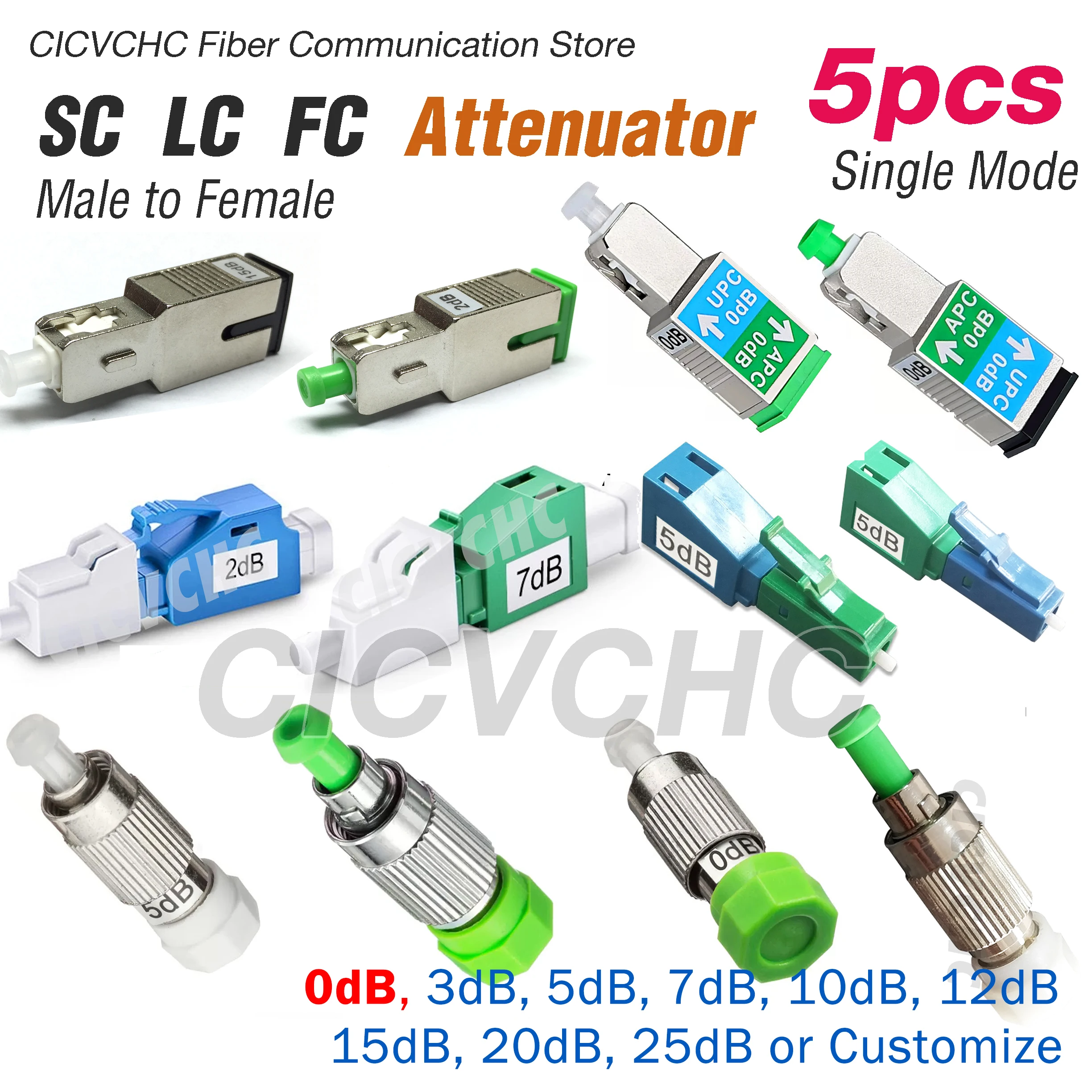 5 قطعة مخفف الألياف البصرية SC/APC SC/UPC LC/APC LC/UPC FC/APC FC //UPC ذكر إلى أنثى (0, 1 إلى 25dB) نوع المكونات الإضافية