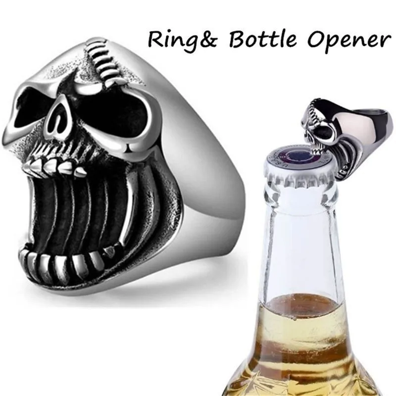 Portable Mini Ring Beer Bottle Opener Stainless Steel Finger Ring Bottle Cap Opening Remover Kitchen Bar Tools Skull Punk Ring