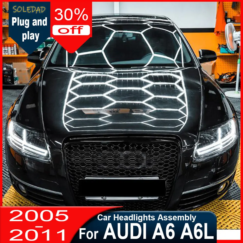 

Фара для Audi A6 2004-2011 A6 C6 S6, передняя фара с динамическим поворотником, светодиодным ближним и дальним светом, линзой и аксессуарами