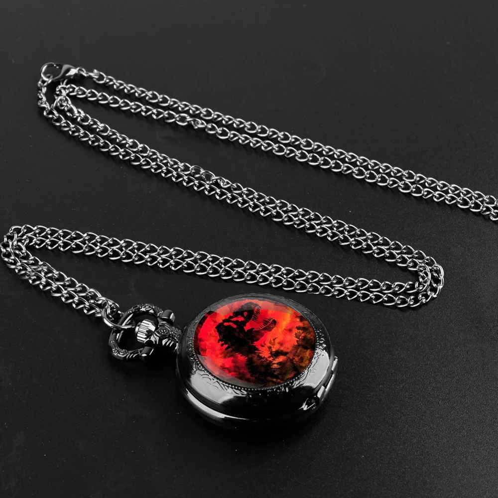 Dinosaur Glass Dome Quartz Pocket Watch With Durable Chain Arabic Numeral Dial Halloween Gifts for Men Women Kids