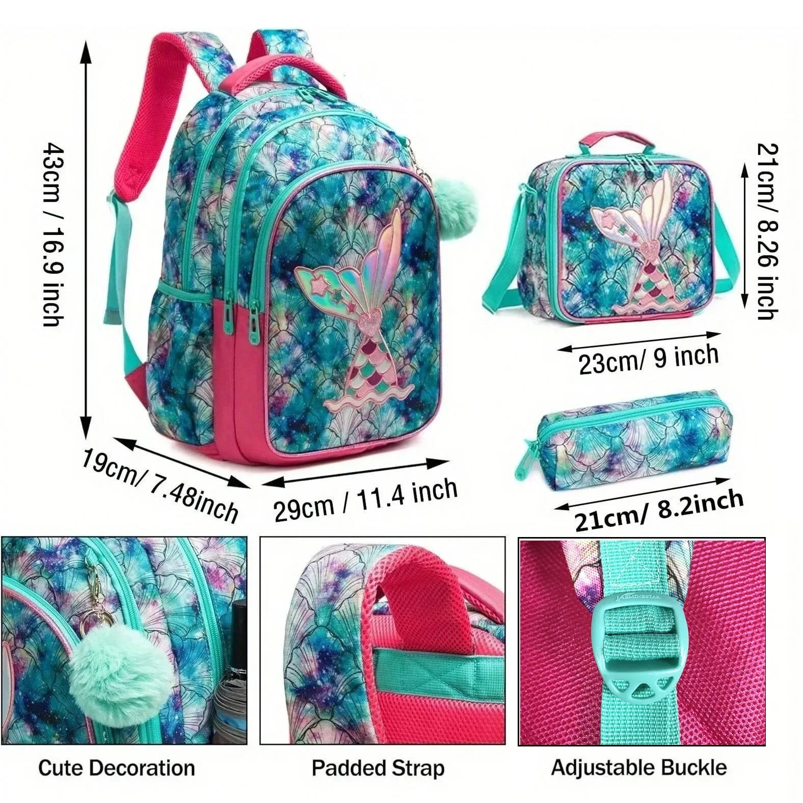 3 PCS Backpack Set in Primary Schoolbag Girls School Bags Waterproof Book Bags Children School Bags with Lunch Bag Pencil Case