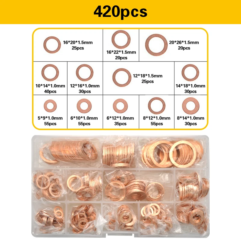 M5 M6 M8 M10 M12 M14 M16 M20 Copper Washer Assortment Set Metric Sealing Washers Kit 304 Stainless Steel Flat Spacer Gasket Ring