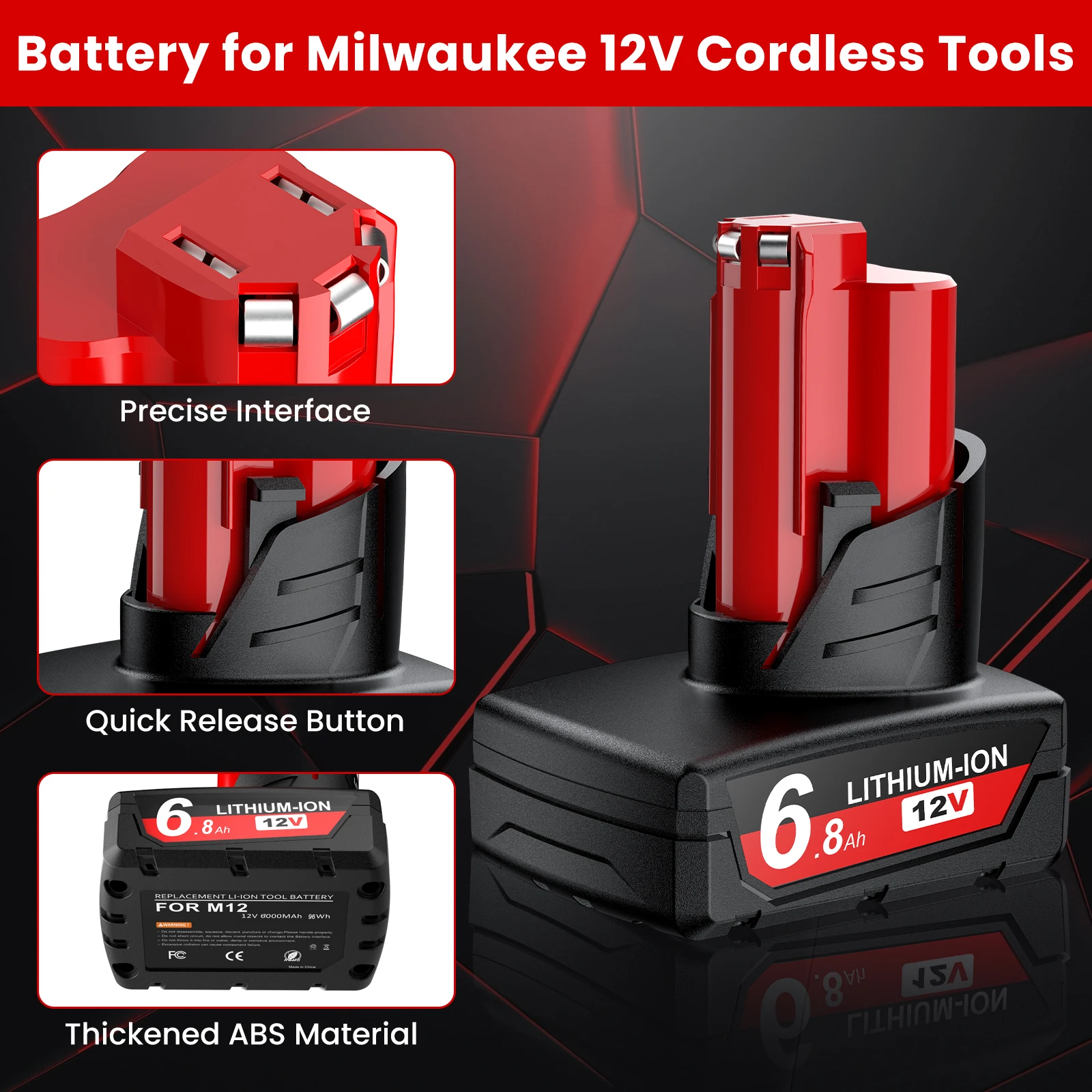 6.8 Ah 12V Replacement Battery For Milwaukee M12 XC 48-11-2411/48-11-2401/MIL-12A-LI Wireless Tools Rechargeable Li-ion Battery