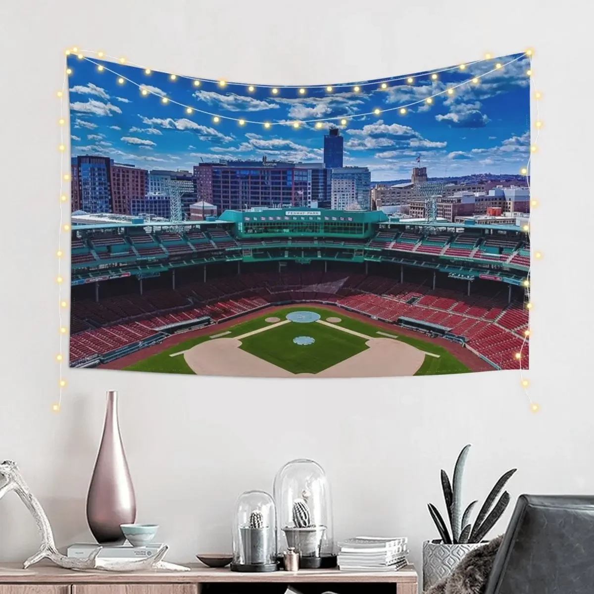 Fenway, Boston baseball stadium, ball field, outfield view, Boston Skyline, beantown Tapestry Decor Home Tapestry