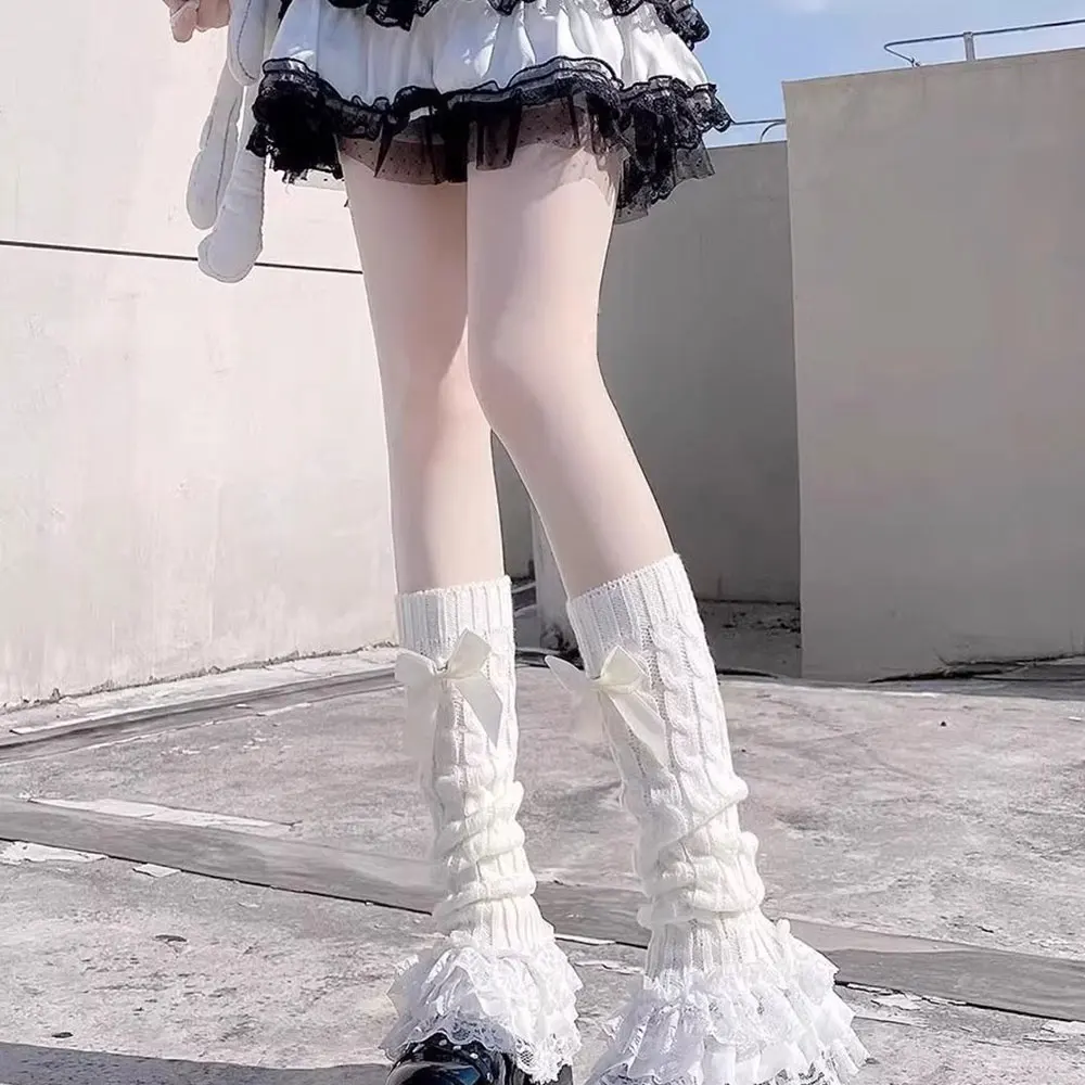 Cute Lace Flared Knitted Long Legs Warmers Y2K Leg Stockings White Harajuku Socks White Foot Cover Lolita Over Knee Leg Warmer