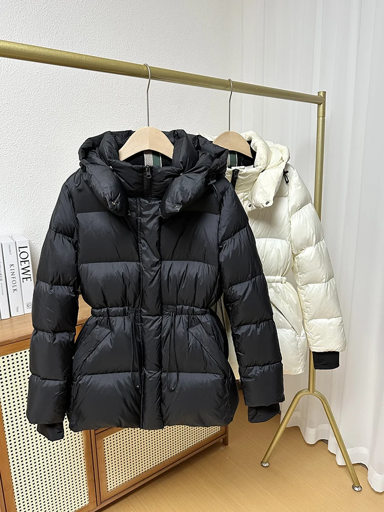 Russian Winter Goose Down Jacket High Quality Hooded Drawstring Waist Thermal Women Outerwear Leisure Female Thicken Coats