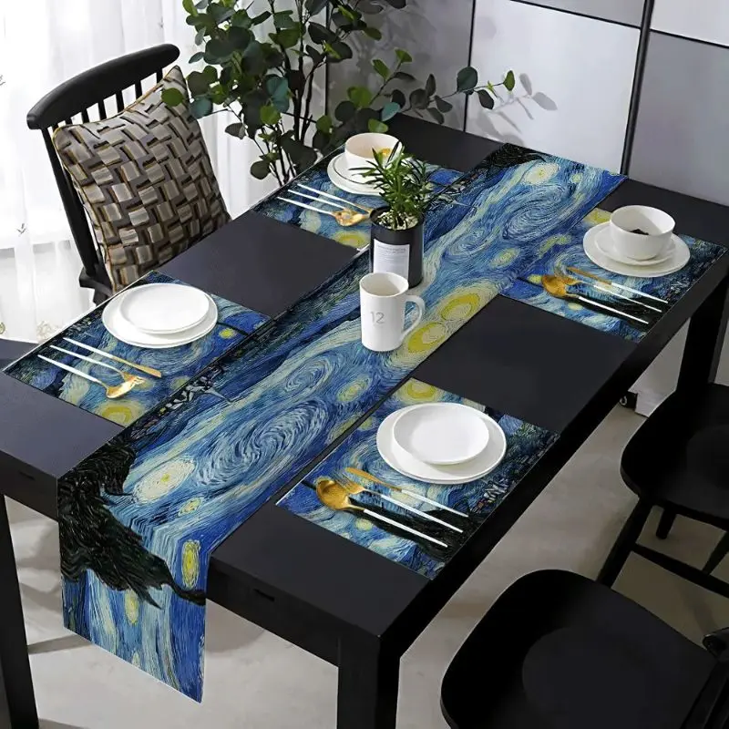 VIKAMA Oil Painting Starry Sky Retro Style Table Flag Placemat Set Waterproof And Anti Slip Kitchen Dining Table Mat Home Decor