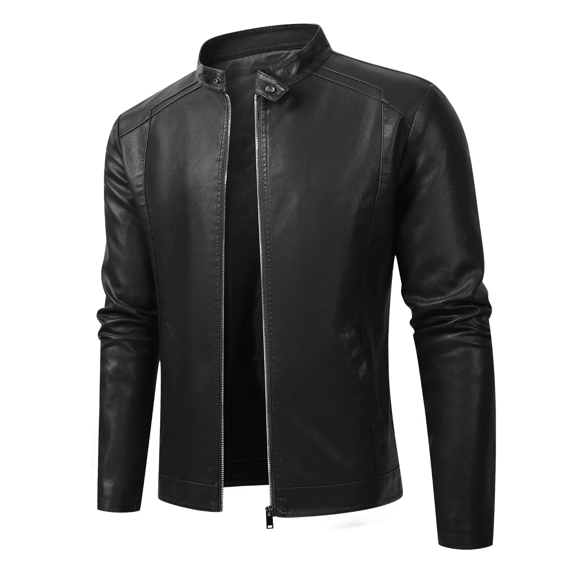 

Men's Biker Leather Jaet Autumn Winter Thiened Fce Casual Sle Long Length Coat Polyester Fiber Five Sve Long Coat