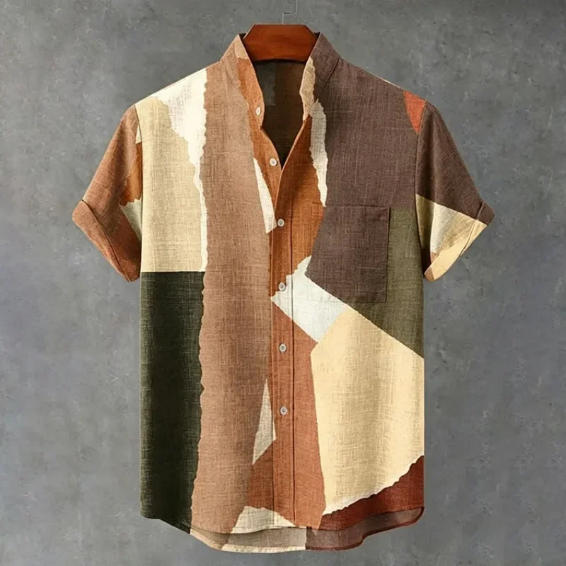 Men's Stand Collar Short Sleeve Casual Shirt Fashion Color Block Geometric Graphic Print Shirts Top Holiday Summer Chic Tunics