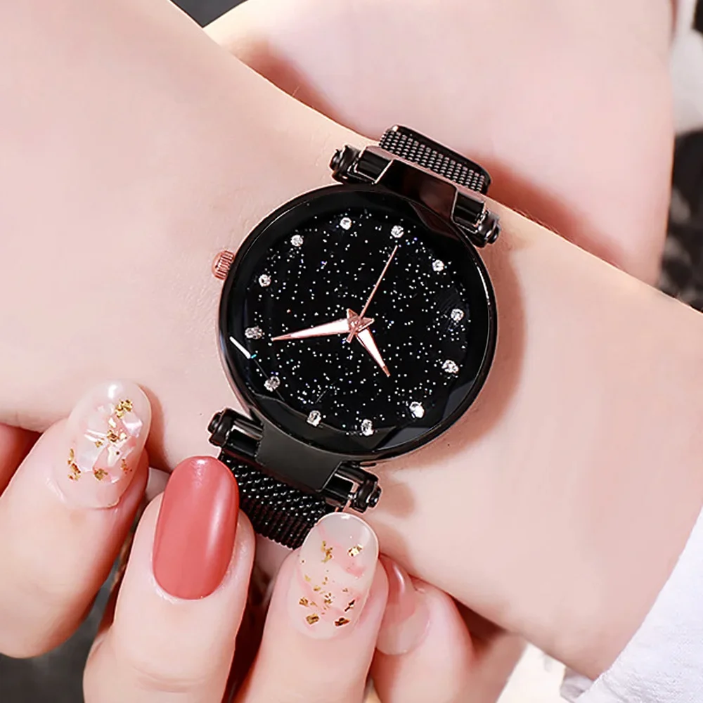 5pcs Women Fashion Starry Sky Watches Magnet Buckle Mesh Belt Diamond Quartz Watch Women Dress Clock Wristwatches for Girl Gift