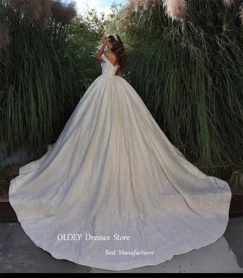 OLOEY Sparkly Dubai Arabic Women Glitter Wedding Dresses Off Shoulder Sleeves Shiny Bridal Gowns Chapel Train Vestido de noiva