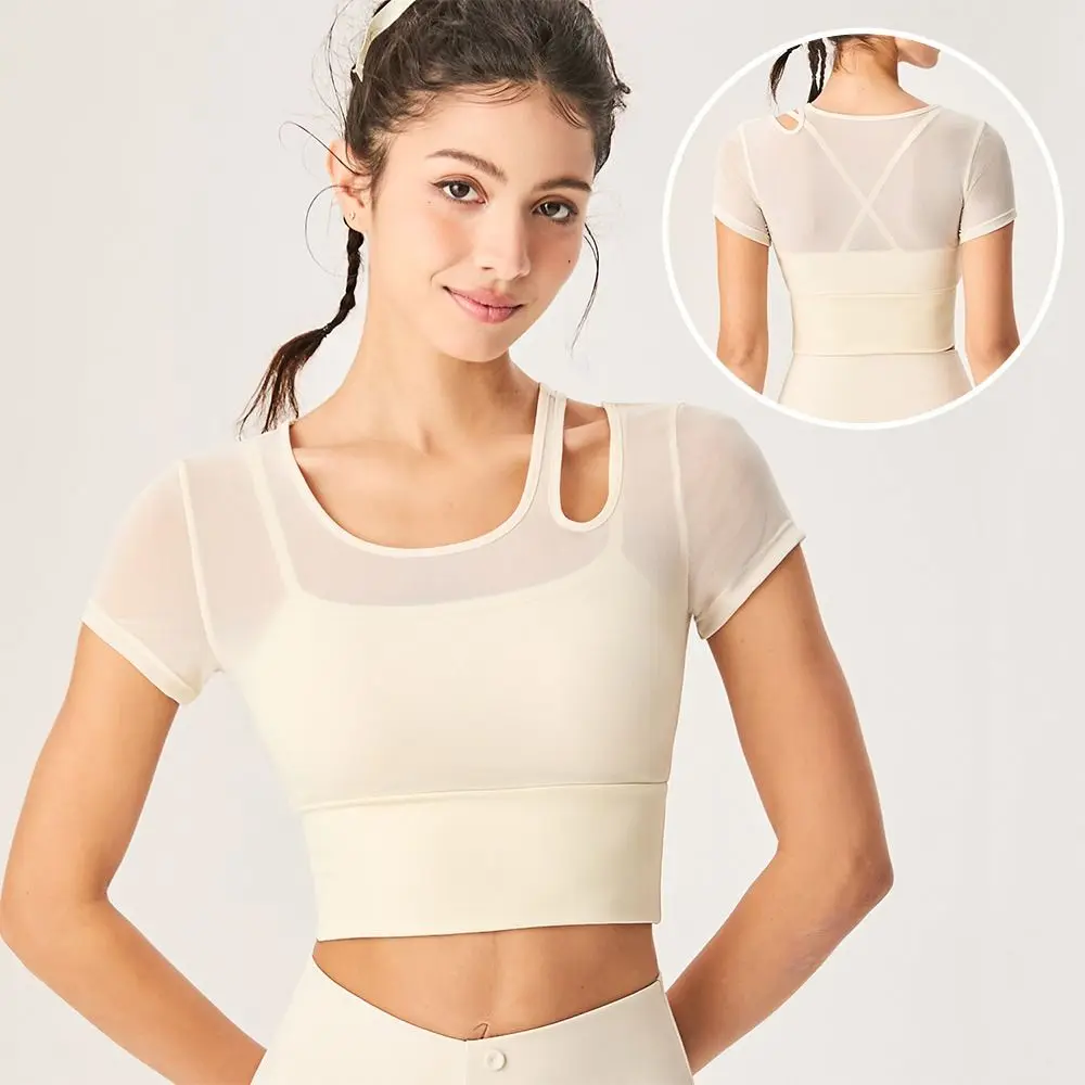 

Running with Sports Bra Yoga Shirt Hollow Out Breathable Sports Shirt Mesh Yarn Short-Sleeve Tank Top Outdoor Sports