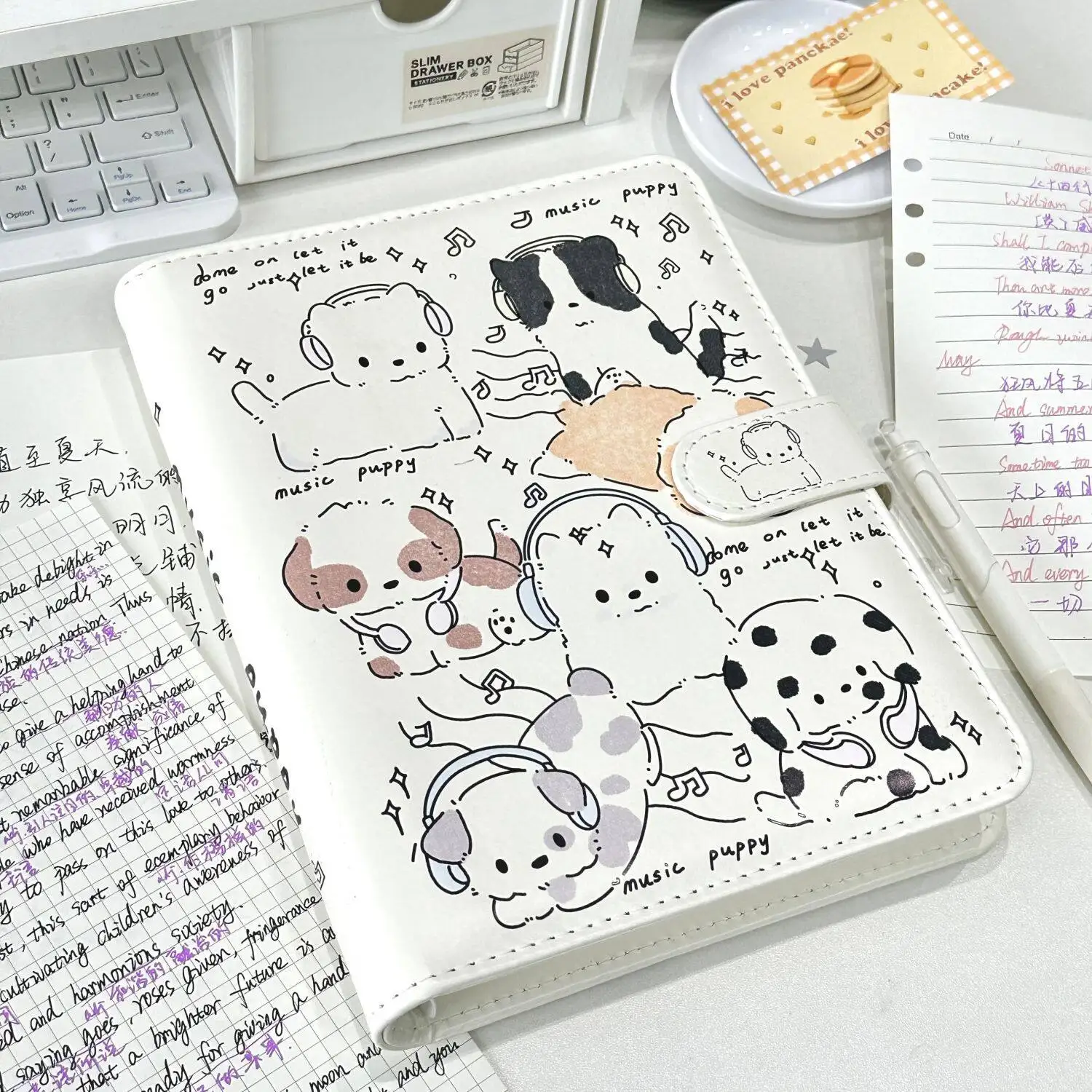 Music Dog A5 PU Leather Binder, Ins Style High-Value Journal Notebook, Thick Refillable Scrapbook & Photo Album for Planning
