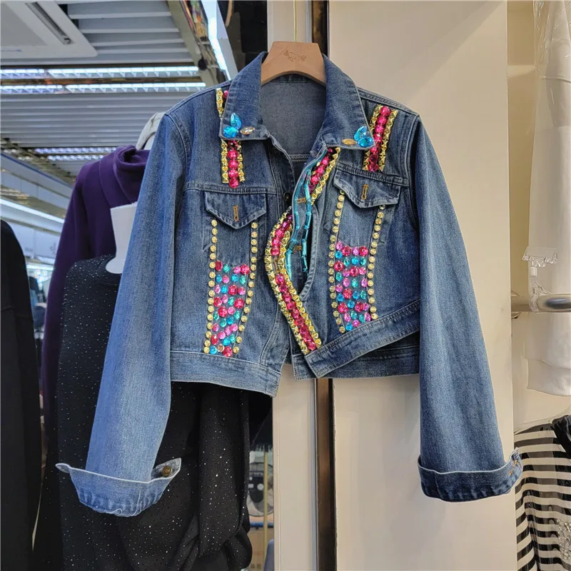 Lente Nieuwe Vrouwen Blauw Kort Denim Jack Kralen Diamant Onregelmatige Single-Breasted Casual Lange Mouwen Jeans Jack Chaqueta Mujer