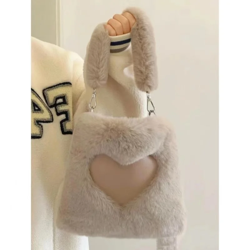 

2024 Cute Plush Bag Women Soft Shoulder Cellphone Wallet Cosmetic Storage Bag Kawaii Heart Casual Handbag Tote Bag New