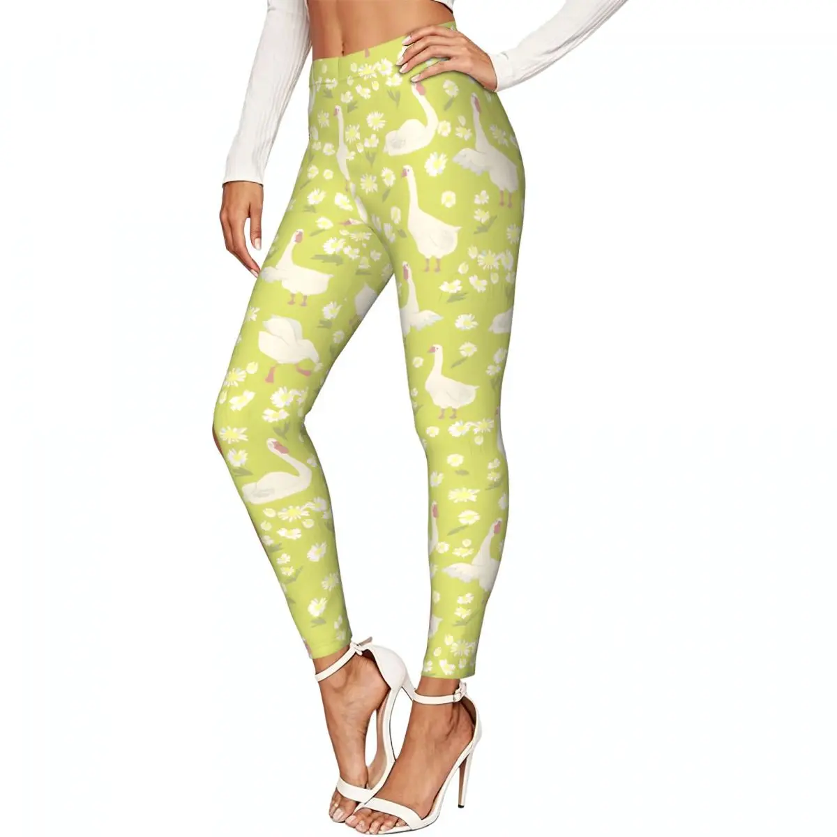 Chamomile And Gooses Background Women Leggings High Waisted Stretch Tights Workout Running Pants