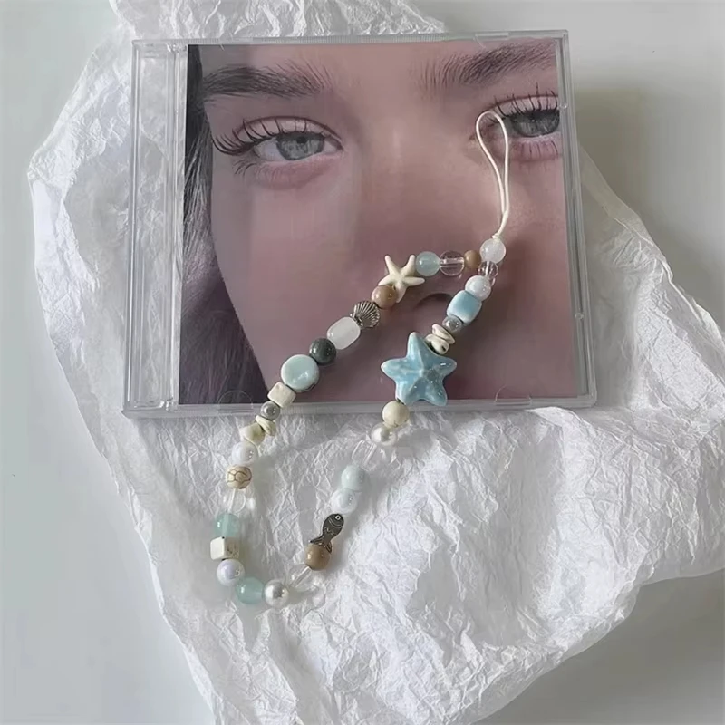

Korean Cute 3D Blue Starfish Beaded Phone Chain Charm Lanyard For iPhone Samsung CCD Universal Accessories Jewelry Pendant