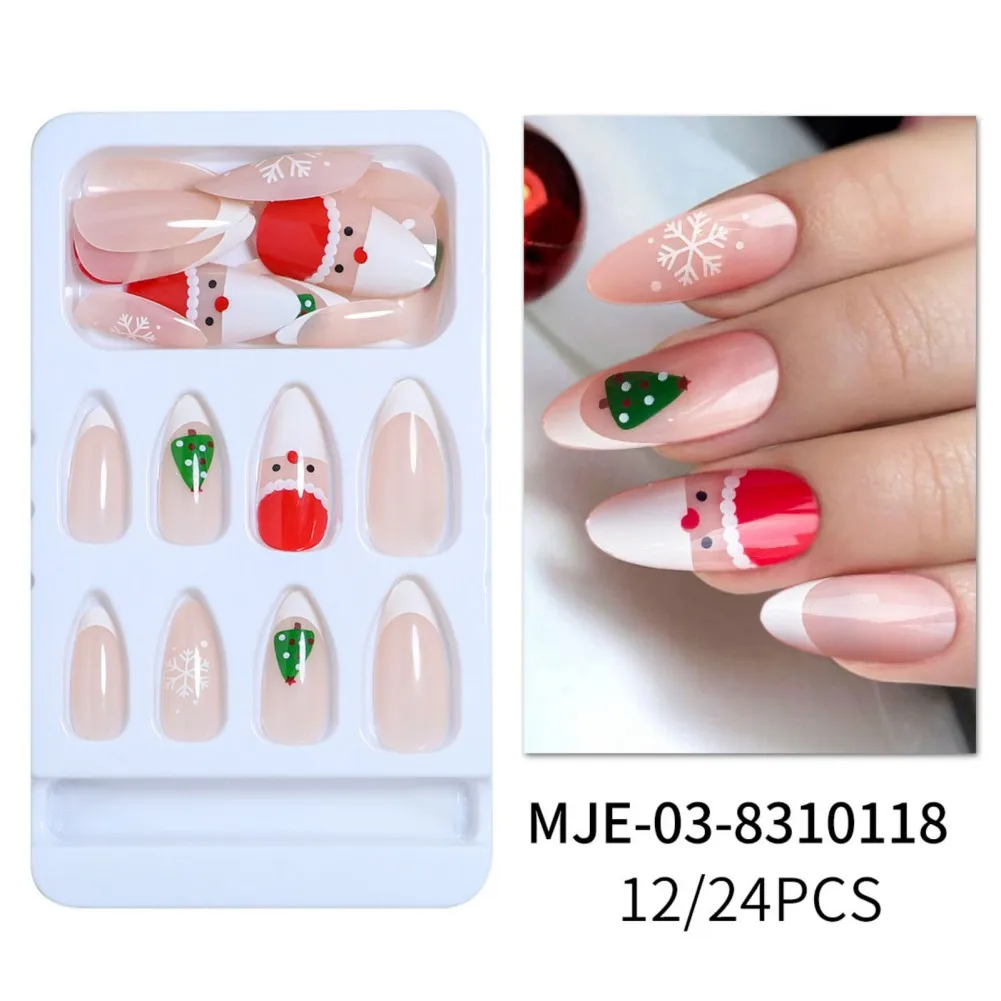 24Pcs 12 Sizes False Nails Kit Christmas Press On Fake New Year Cute Xmas Nail Art Decoration Tools Easy To Use Beauty Health