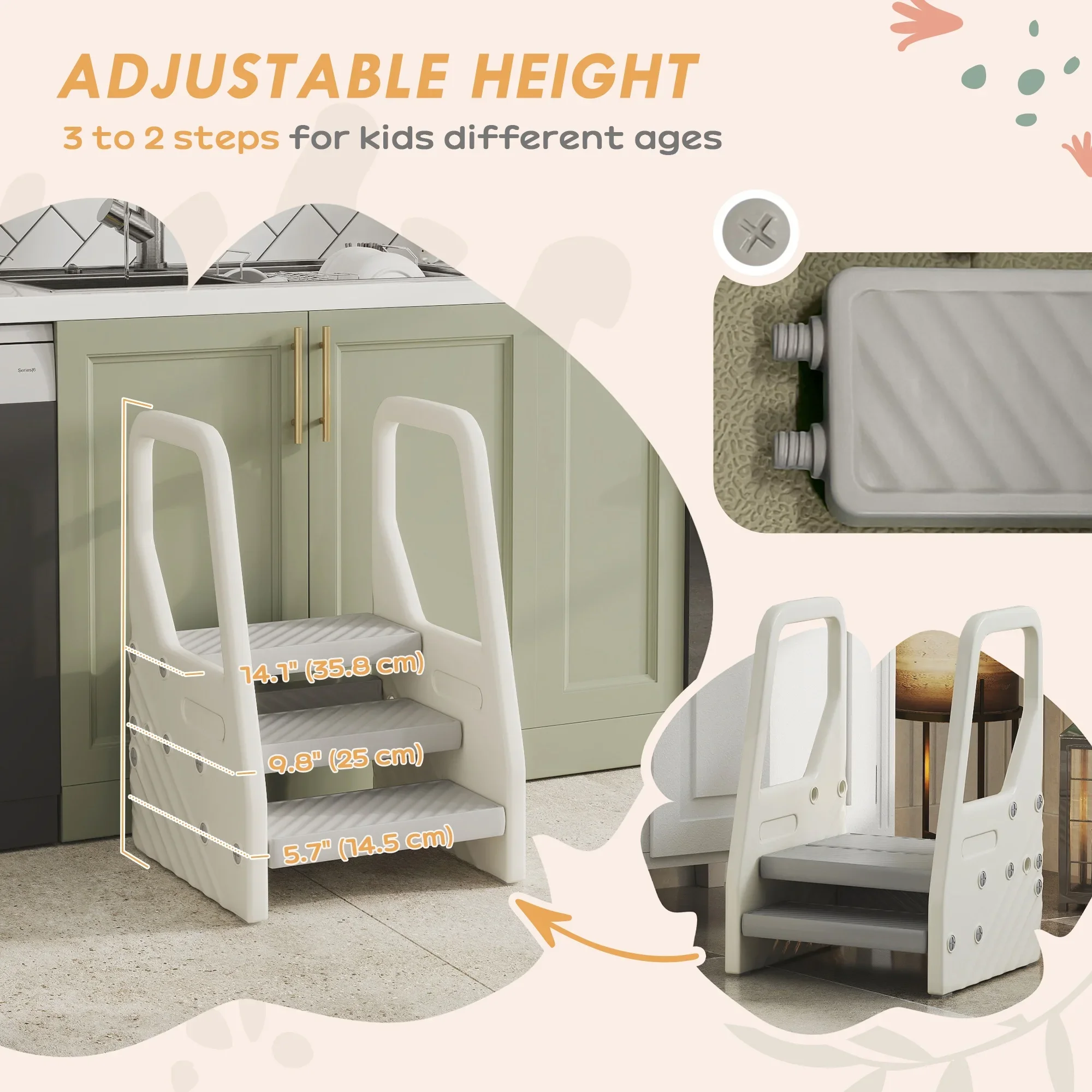 Adjustable Height Toddler Step Stool with Handle & Non-Slip Foot Pads, Kids Anti-Slip Standing Helper Stool for Kitchen Bathroom