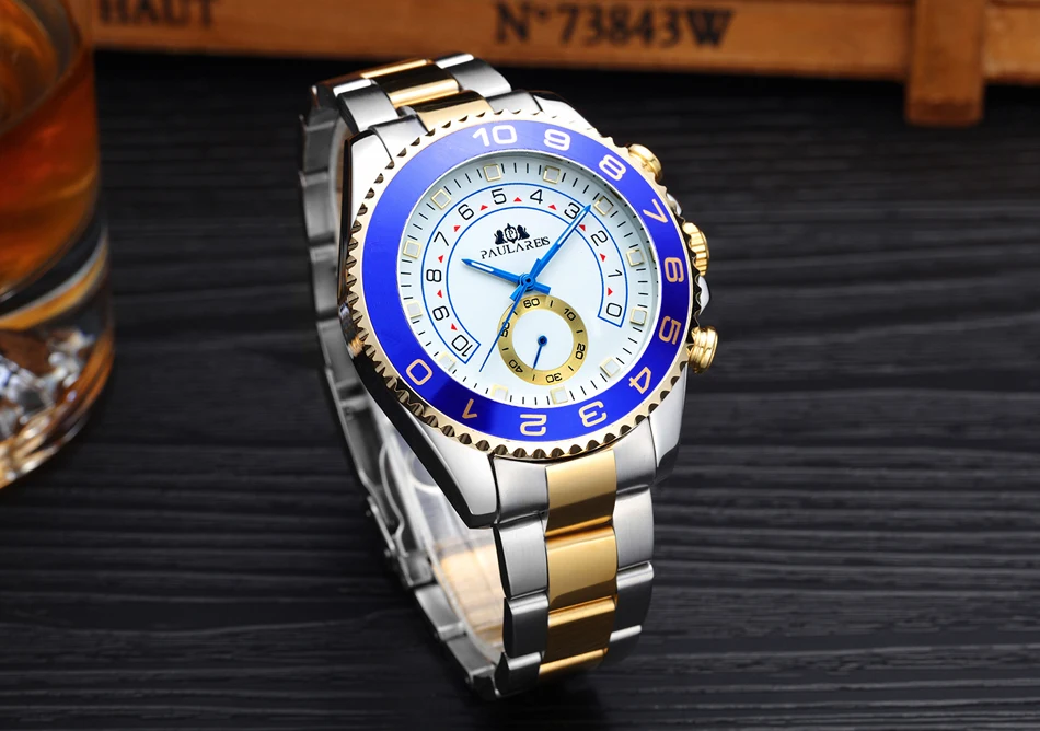 Imagem -03 - Automático Auto Vento Mecânico Cinta Casual Amarelo Ouro Prata Azul Bezel Mestre Relógio Homem de Negócios Aço Inoxidável