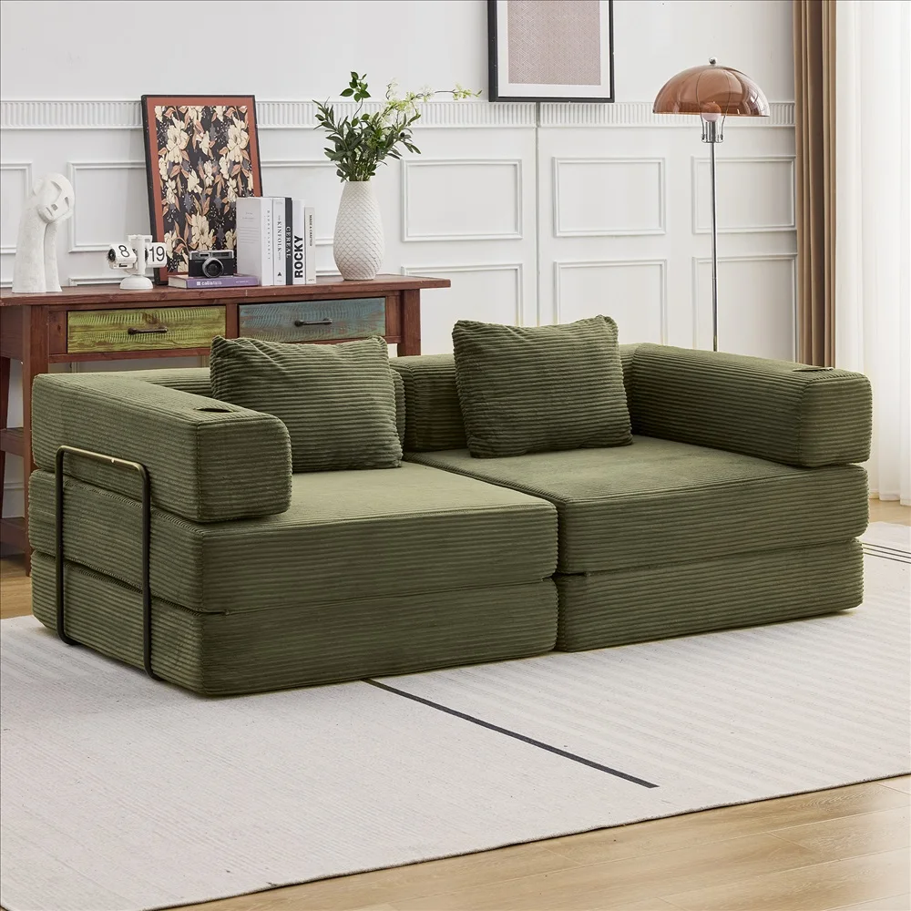 Canapé modulaire sectionnel moderne à combinaison libre en velours côtelé vert olive, convertible avec porte-gobelets, mobilier gain de place