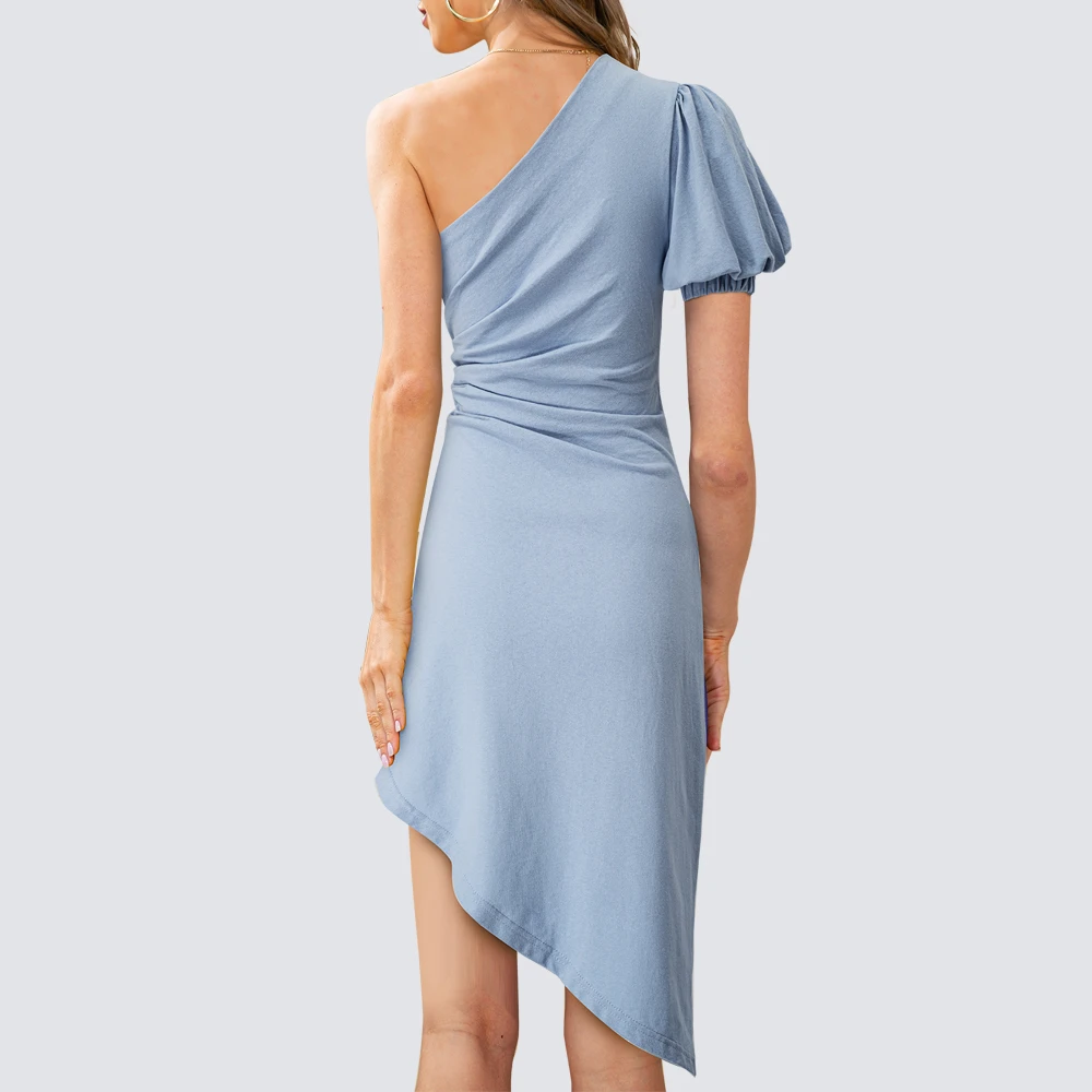 Women Cocktail Party Solid Color One Shoulder Ruched Sheath Shift Midi Dress HB713