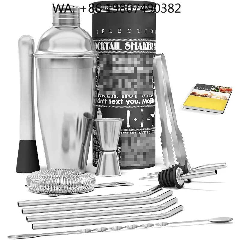 Basic  Bar Mixing Supply Kit, 13Pcs Stainless Steel Boston Cocktail Shaker Double Jigger Hawthorne Strainer Twist Spoon