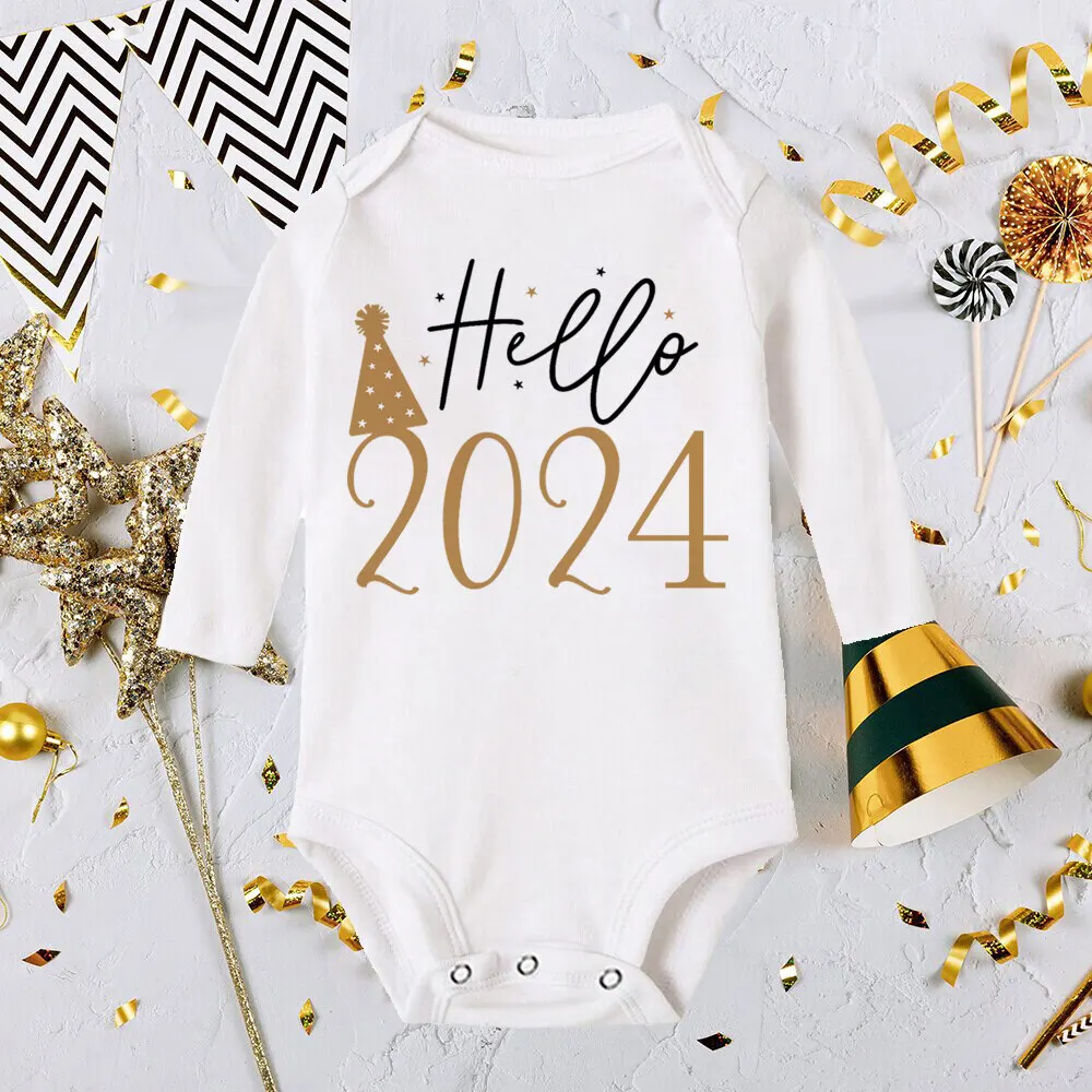 Baby Bodysuit Hello 2024 Inant Romper New Year Baby Gift Toddler long Sleeve Jumpsuit Boys Girls Clothes Newbron Shower Present