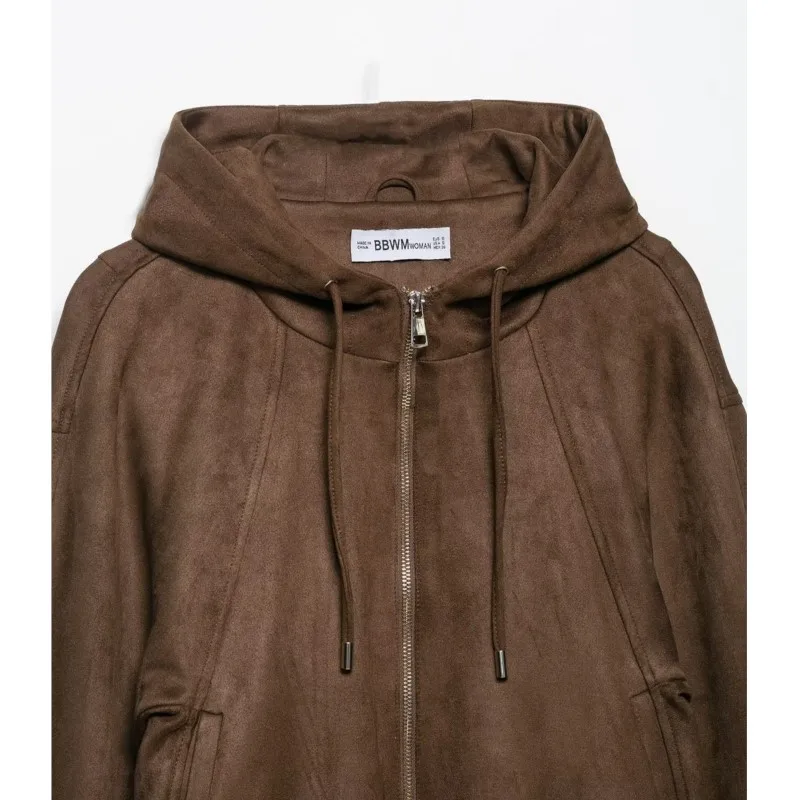 여성 스웨이드 재킷 후드 드로스트링 가을 여성 시크 탑 긴 소매 포켓 지퍼 여성용 인조 코트