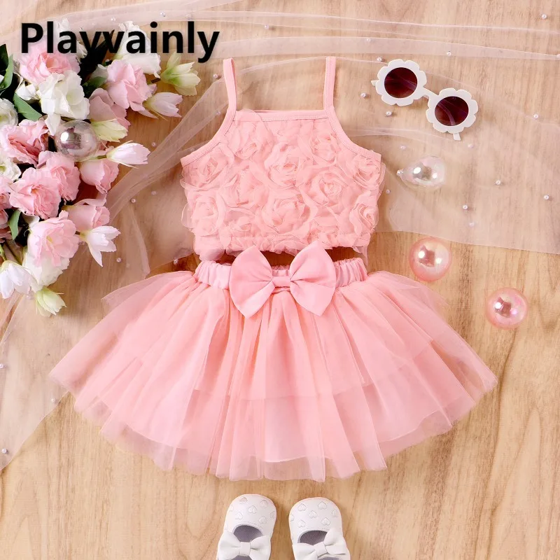 

Летний комплект из 2 предметов для маленьких девочек, розовый жилет без рукавов с квадратным воротником и цветочным принтом + сетчатая юбка-пачка с бантом, модная детская одежда A5929