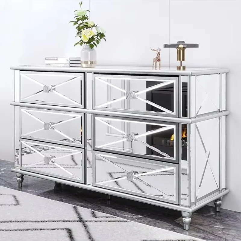 

Sparkling mirror dresser cupboard glass cabinet with 6 storage drawers, fully assembled mirror TV for living room furniture