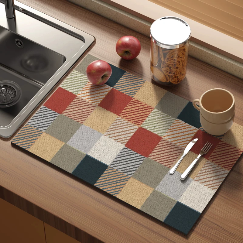 VIKAMA Cute Animal Words Kitchen Mat for Sink Counter Drainage Drying Pad Table Placemat Washable Aesthetic Home Decor