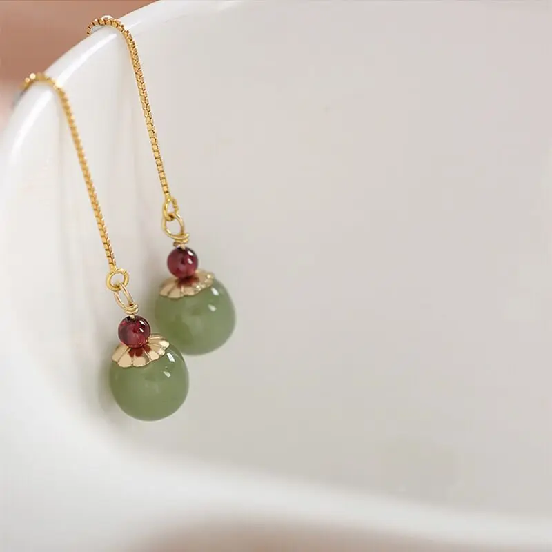 Elegant Vintage Hetian Jade Dangle Earrings for Women Green Round Stone Earring Auricular Line Jewelry Party Gift pendientes