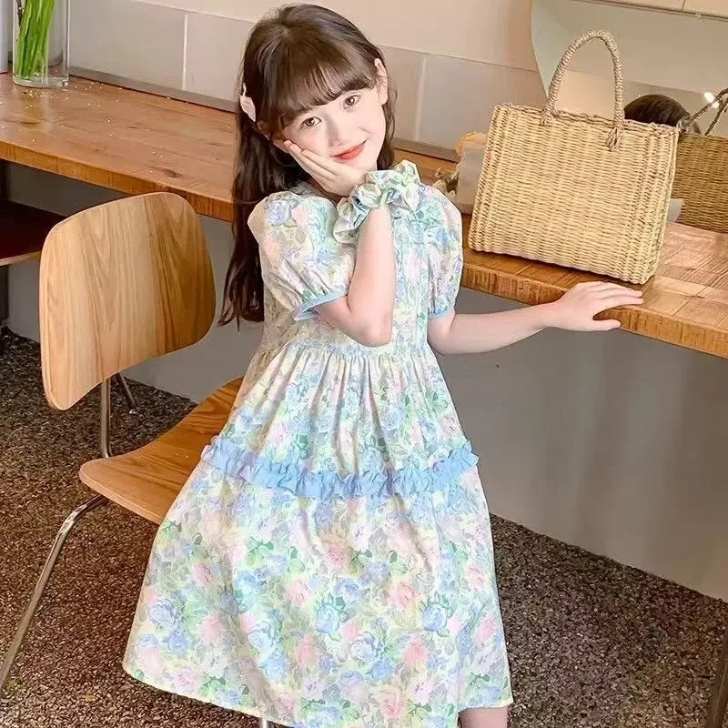 2026 Dress for Girls Yellow O-Neck Fly-Sleeve Tulle Bowknot  Summer Elegant Sweet Style Princess Dress Kids Clothing 4-12 Years