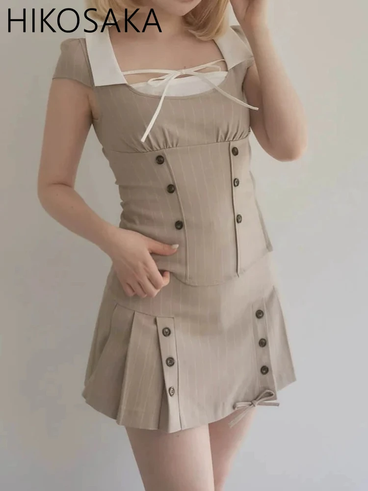 

Japan Style Vintage Casual Elegant Striped Dress Sets Turn-down Collar Short Sleeve Slim Fit Top High Waist A-line Skirts Suit