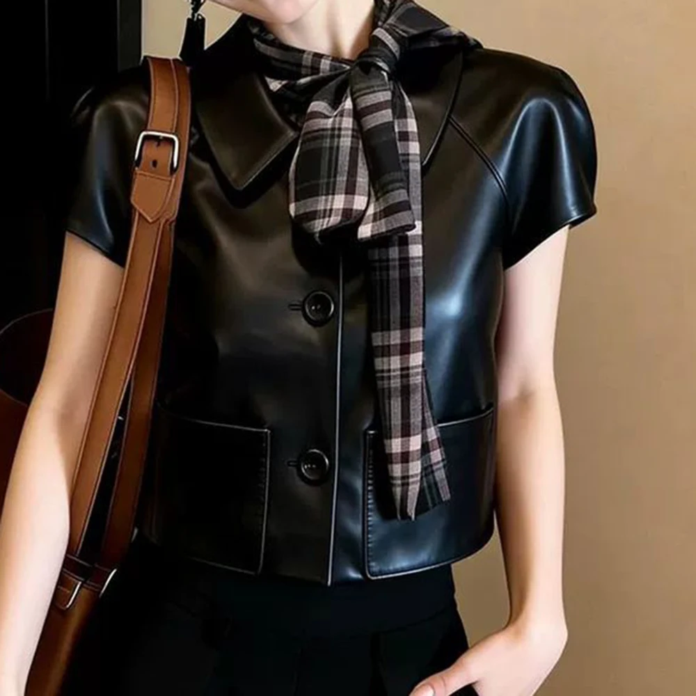 

PU leather short-sleeved jacket 2026 spring new product black top women's comfortable loose and thin comfortable interior