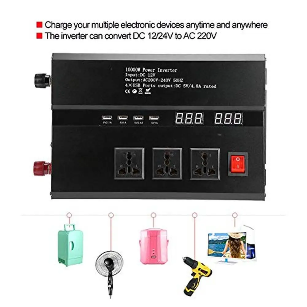 High Power Solar Inverter with LCD Display USB AC Outlets Cooling Fan 12V to 220V Sine Converter Ideal Travel Camping Boat RV