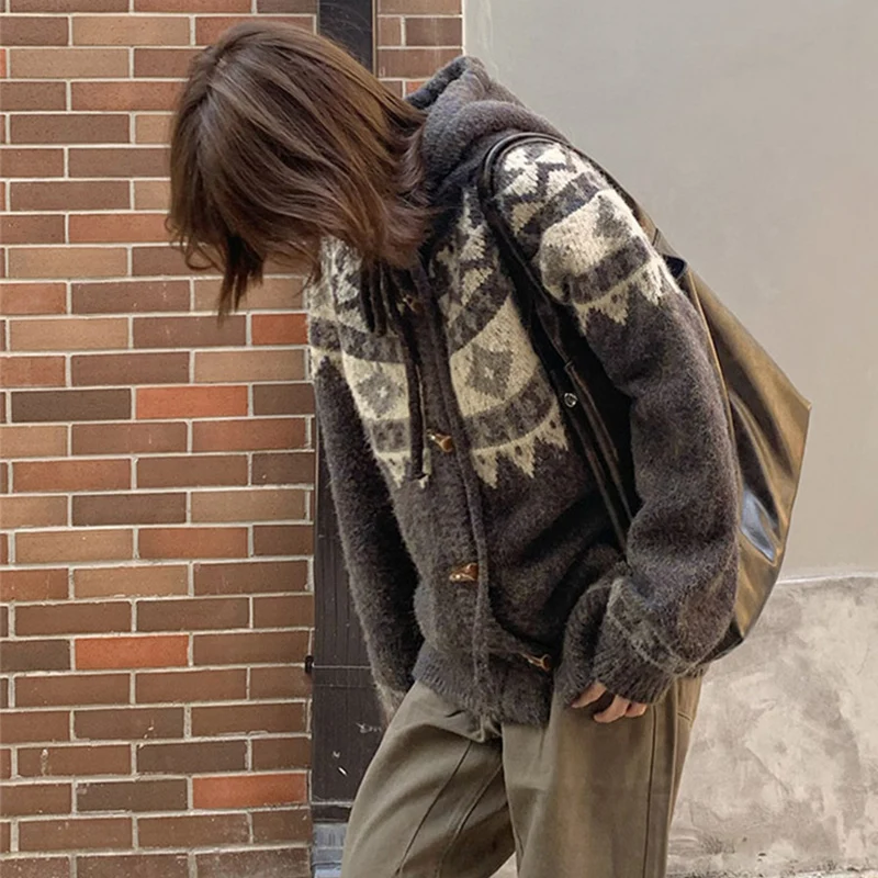 빈티지 페어 아일 니트 가디건 여성 일본 스타일 혼 버튼 스웨터 코트 여성 루즈 후드 롱 슬리브 가디건 여성용