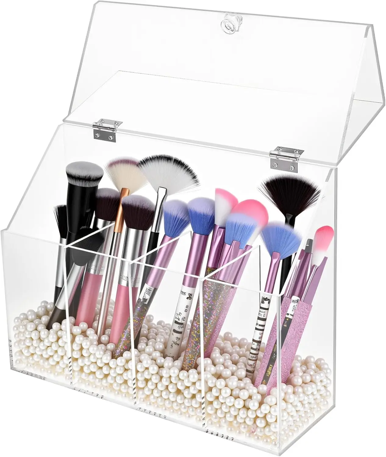 

Прозрачные акриловые органайзеры для макияжа, 4-х отделений, акриловый органайзер для туалетного столика с пылезащитным чехлом, большая вместительная коробка для хранения косметических кистей