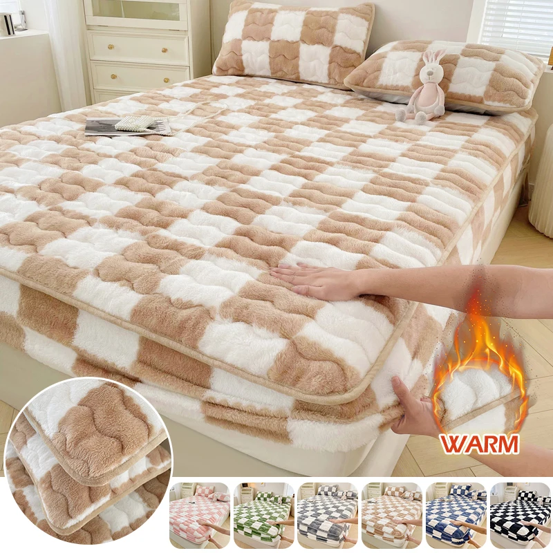 Winter Warm Velvet Bed Sheet Printed Grid Thickend Bed Protector For Bedroom Solid Color Mattress Cover  For Double Beds Sheets