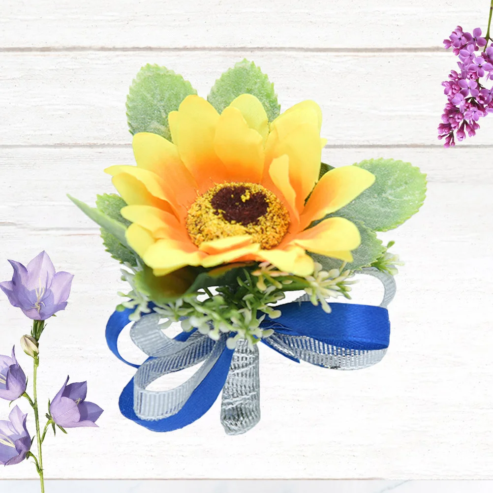 

1Pcs Cloth Sunflower Brooch Wedding Boutonniere Bridal Corsage Bride Groom Clothes Breastpins Blue Ribbon Style